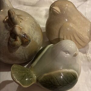 Rustic Fat Bird Figurines Set/3 VTG Glazed Pottery Birdies Dull green/brown/grey